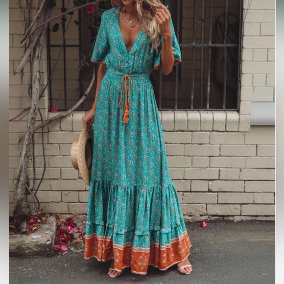 R. Vivimos Dresses & Skirts - Floral Maxi Dress in Teal and Orange